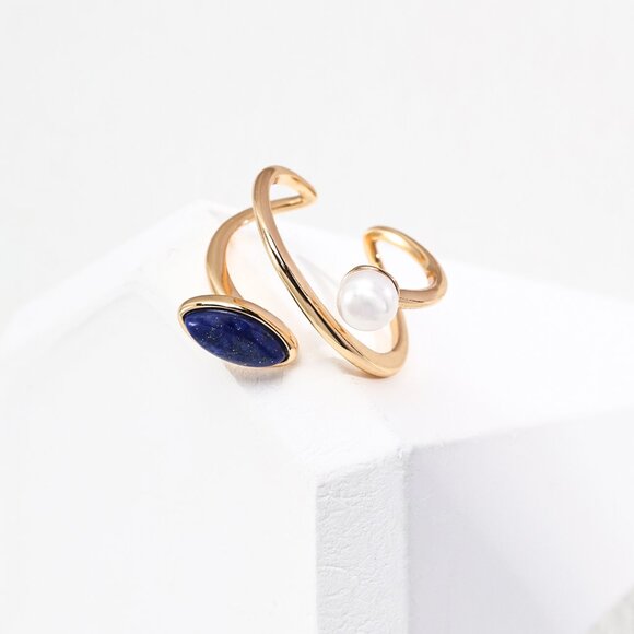 ✨ Artisan Original Lapis Lazuli & Pearl Bypass Ring | S925 Gold Adjustable - Picture 3 of 8